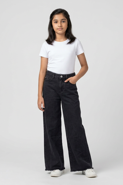 High-Rise Wide-Leg Raw Hem Jeans – Washed Black