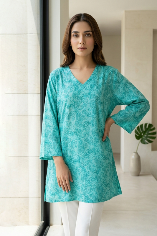 Women’s Turquoise Paisley V-Neck Tunic