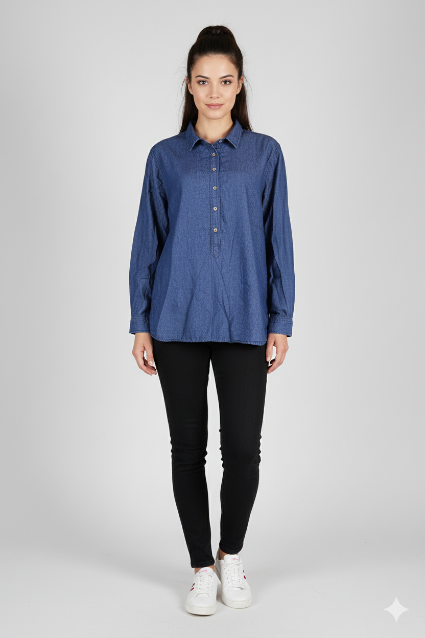 Classic Blue Denim Shirt/kurti – Long Sleeve Casual Wear