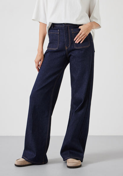 Indigo High Rise Wide Leg Pocket Jean
