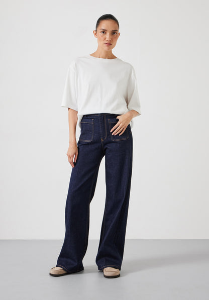 Indigo High Rise Wide Leg Pocket Jean