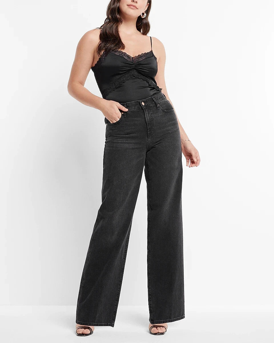 High Waisted Pitch Black Wide Leg Jeans