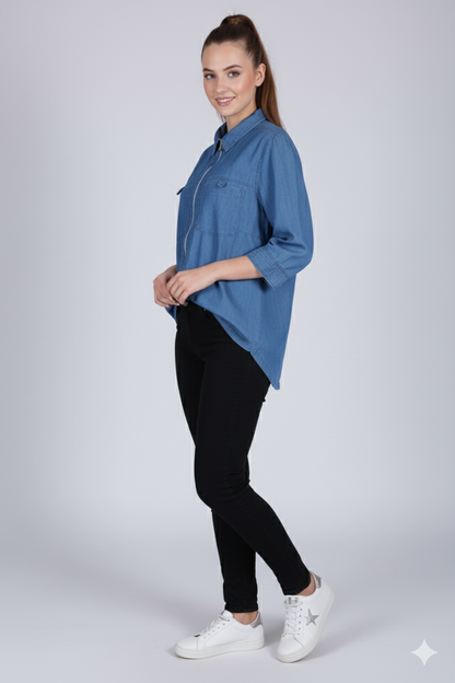 Stylish Denim Zip-Up Shirt