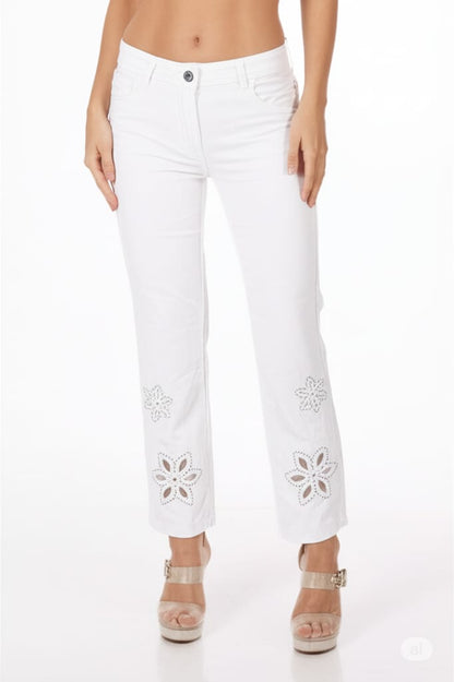 Minor defected Capri Jeans with Intricate Floral Cutwork